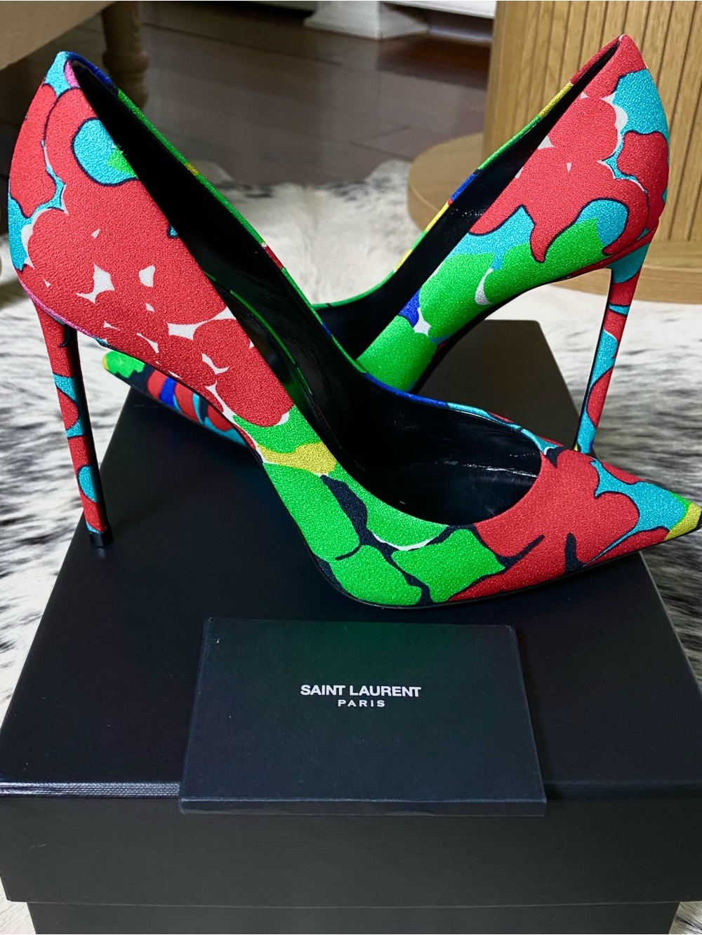 SAINT LAURENT 105MM ZOE “IBIZA”FLORAL HEELS, SZ 38.5 US/8-8.5 - Picture 4 of 11